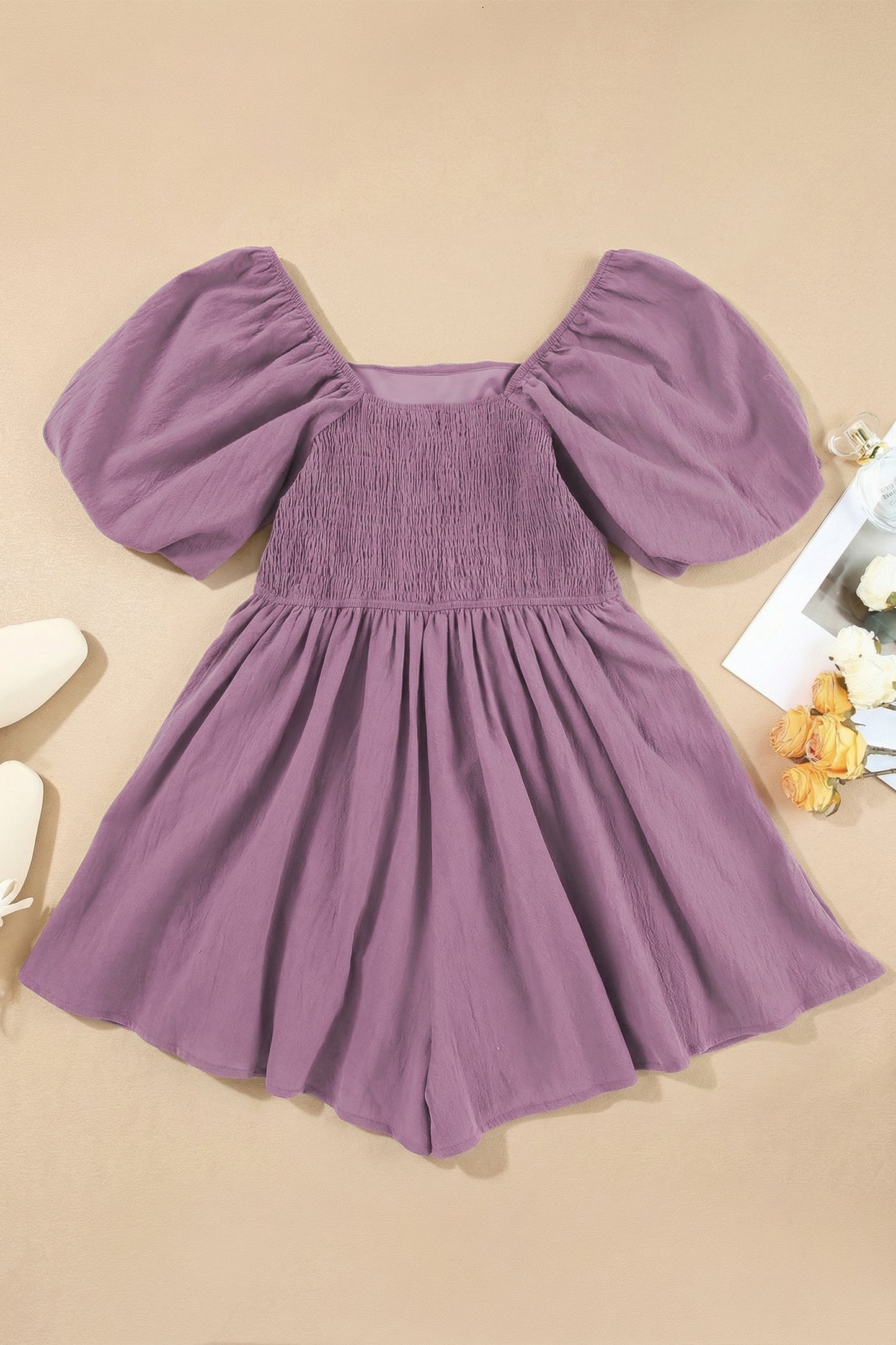 Jungle Green Square Neck Ruched Puff Sleeve Romper