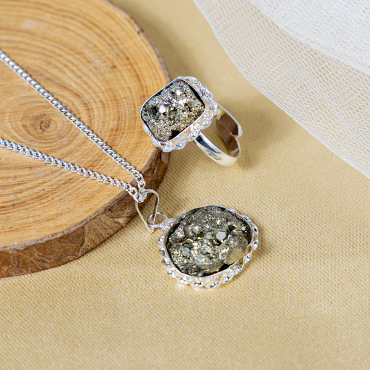 Combo Set| Raw Pyrite Ring & Pendant | Gemstone Jewelry