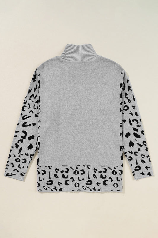Gray Leopard High Neck Side Slit Oversized Sweater