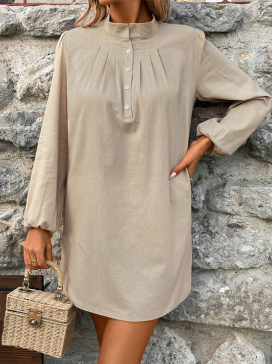Half Button Mock Neck Long Sleeve Mini Shirt Dress