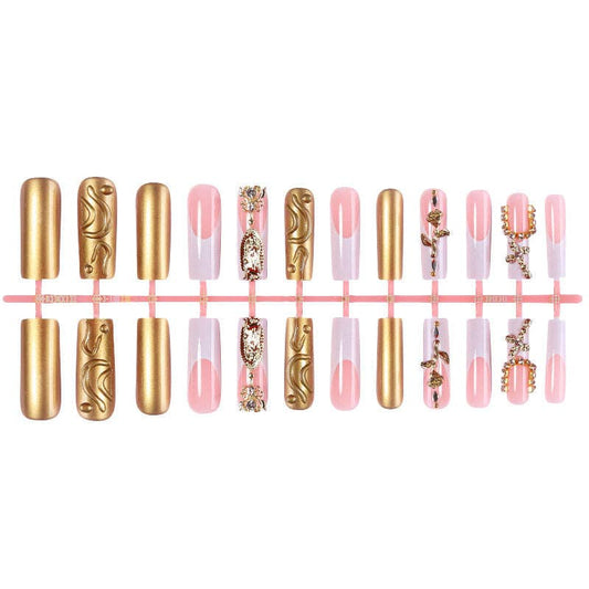 Vintage French Tip Press On Nails With Gold 3D Decor