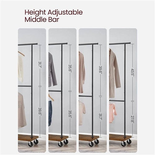 Industrial Style Clothing Garment Rack Double Clothes Hanging Bar on Wheels