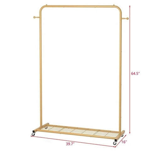 Modern Garment Rack Clothes Hanging Rod with Lockable Wheels in Gold