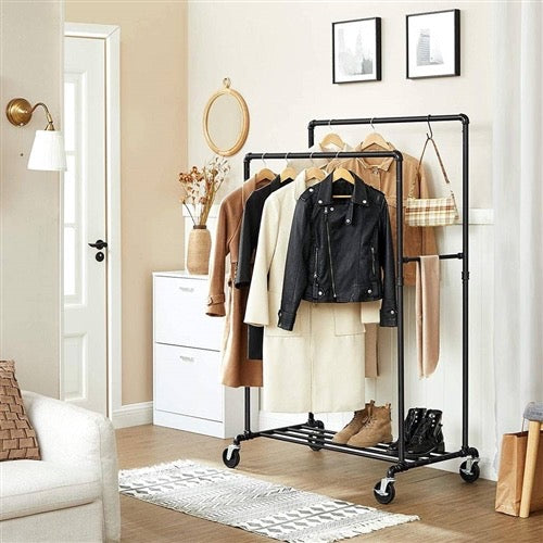 Heavy Duty Rustic Pipe Black Double-Rail Clothes Garment Rack w/ Locking Wheels