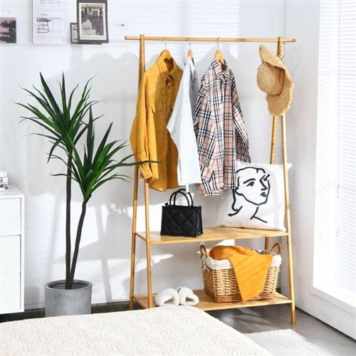 Entryway Bedroom Wood Garment Clothes Hanging Rack with 2 Bottom Storage Shelves