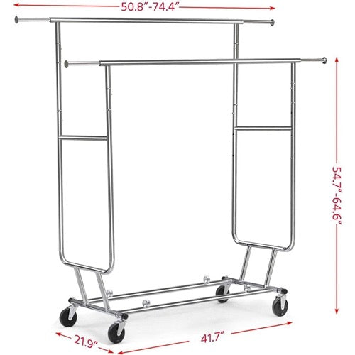 Heavy Duty Double Bar Clothes Hanging Garment Rack on Lockable Wheels