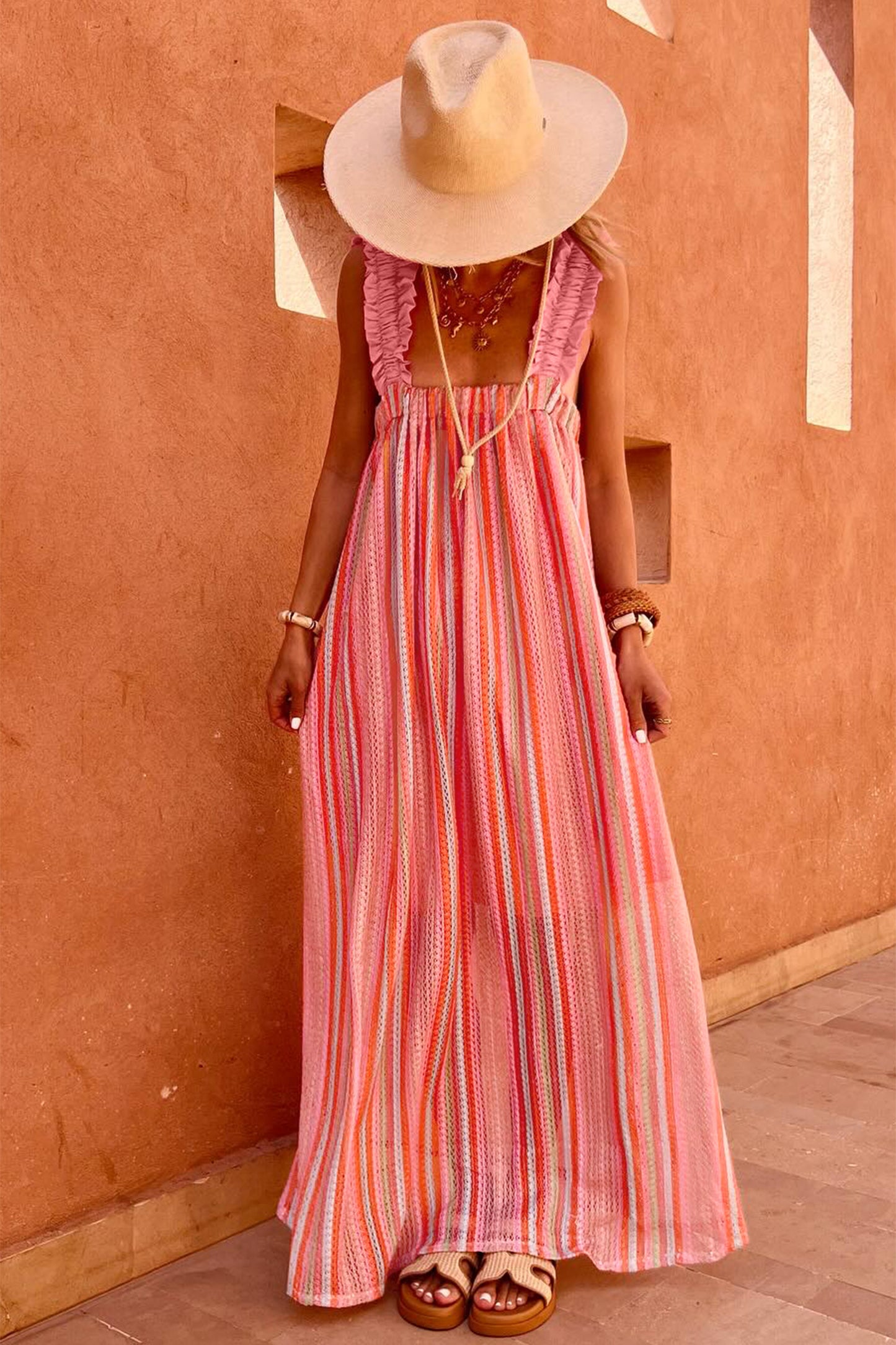 Pink Stripe Ruffled Straps Ribbon Knot Flowy Vacation Maxi Dress