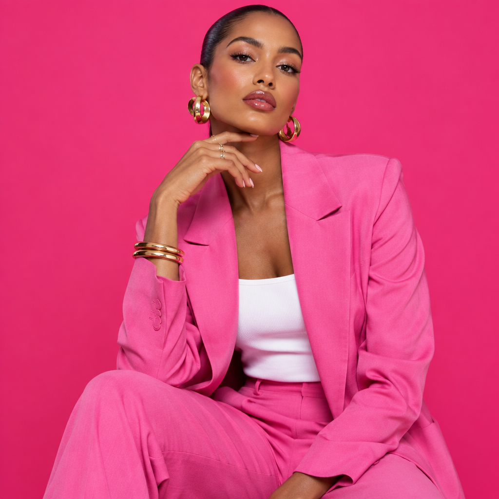 Beauty and fashion editorial on a hot pink background