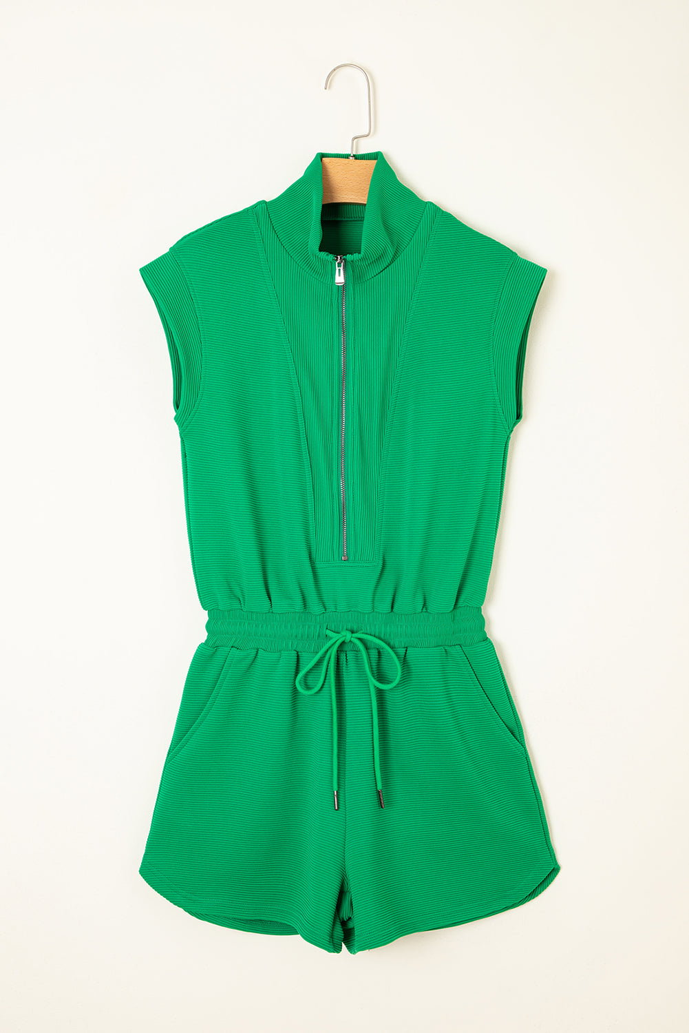 Dark Khaki Textured Short Sleeve Half Zip Drawstring Elastic Waistband Romper