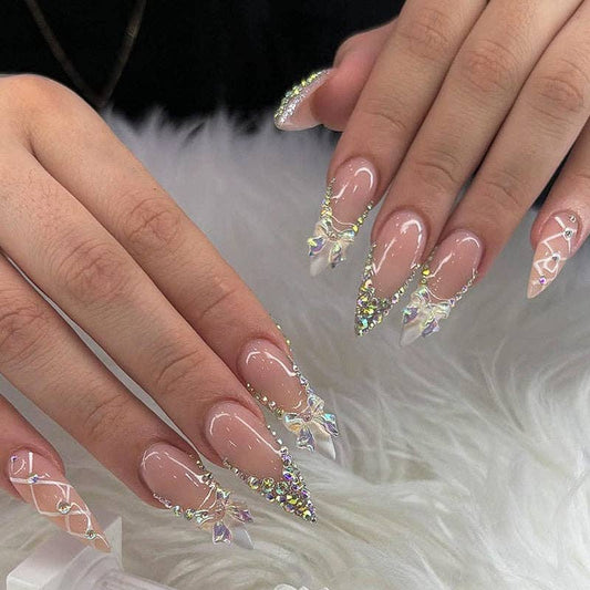 24Pcs Butterfly Bow Glitter False Nails Long Length