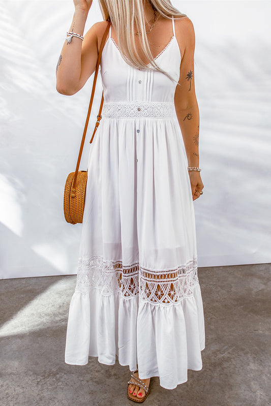 Buttoned Spliced Lace Spaghetti Strap Maxi Dress - GlamZation