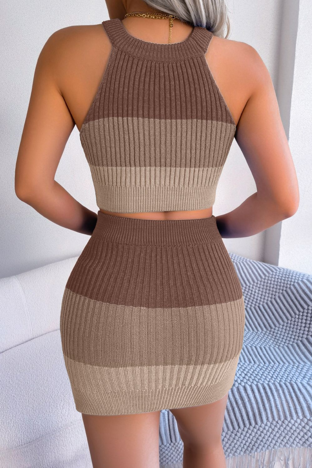 Color Block Sleeveless Crop Knit Top and Skirt Set - GlamZation