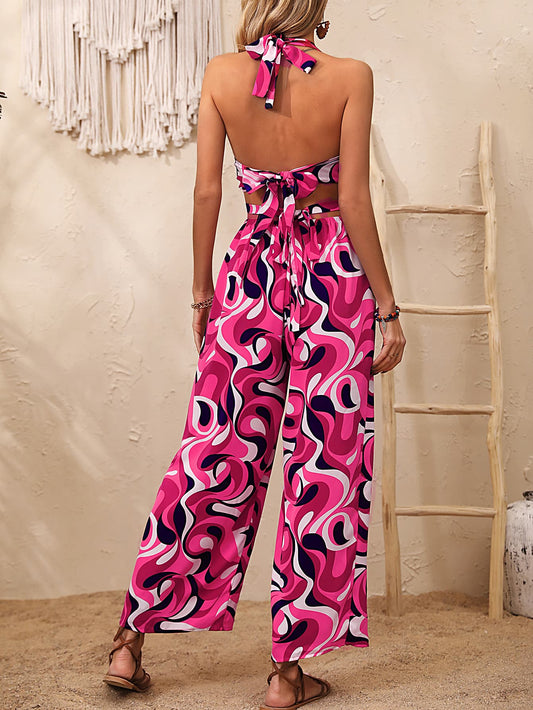 Abstract Print Halter Neck Cutout Wide Leg Jumpsuit - GlamZation