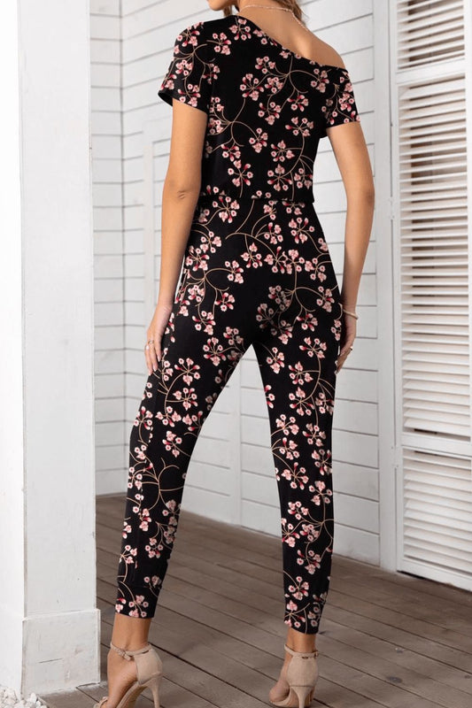 Asymmetrical Neck Short Sleeve Jumpsuit - GlamZation