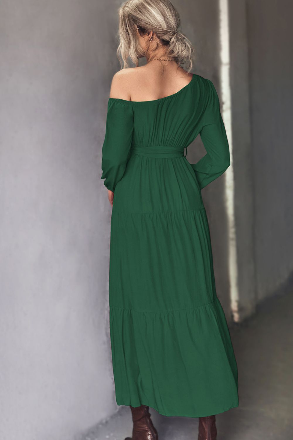 Belted One-Shoulder Tiered Maxi Dress - GlamZation