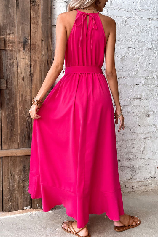 Belted Crochet Yoke Frill Trim Dress - GlamZation