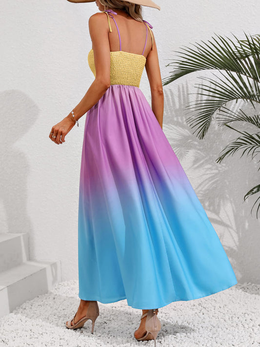 Color Block Tie Shoulder Smocked Maxi Dress - GlamZation