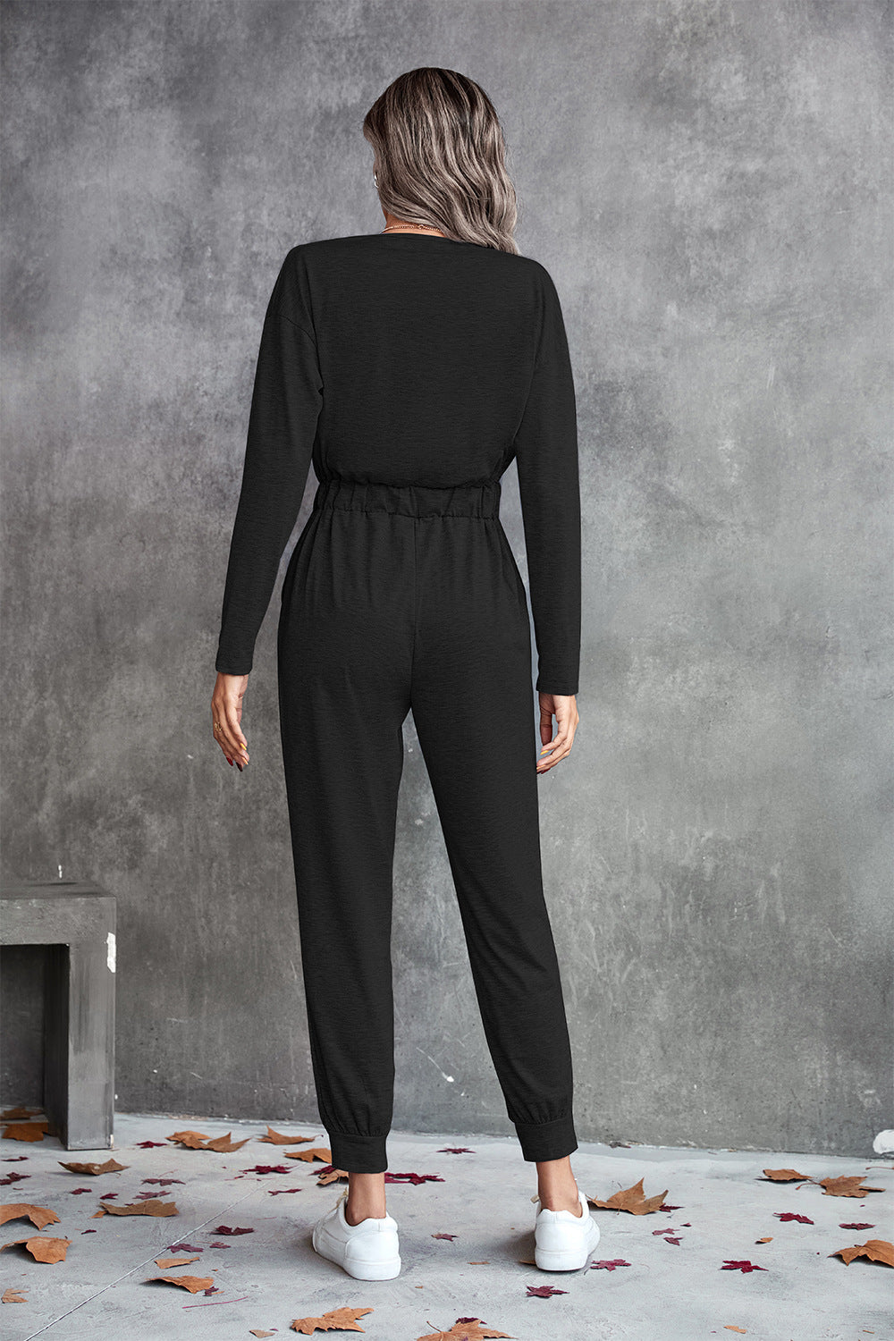 Drawstring Waist Surplice Long Sleeve Jumpsuit - GlamZation