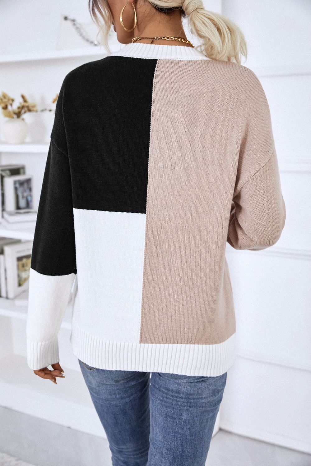 Contrast Ribbed Trim Round Neck Sweater - GlamZation