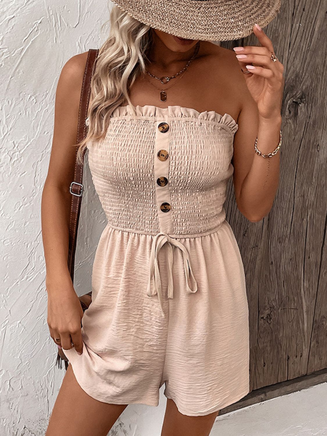 Decorative Button Smocked Strapless Romper