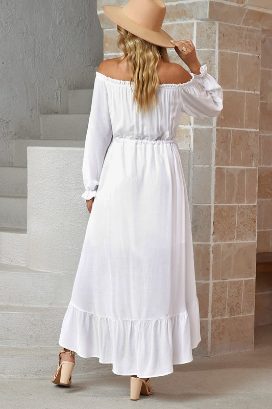 Decorative Button Ruffled High-Low Off-Shoulder Dress - GlamZation