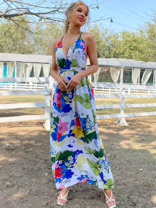 Floral Crisscross Backless Maxi Dress - GlamZation