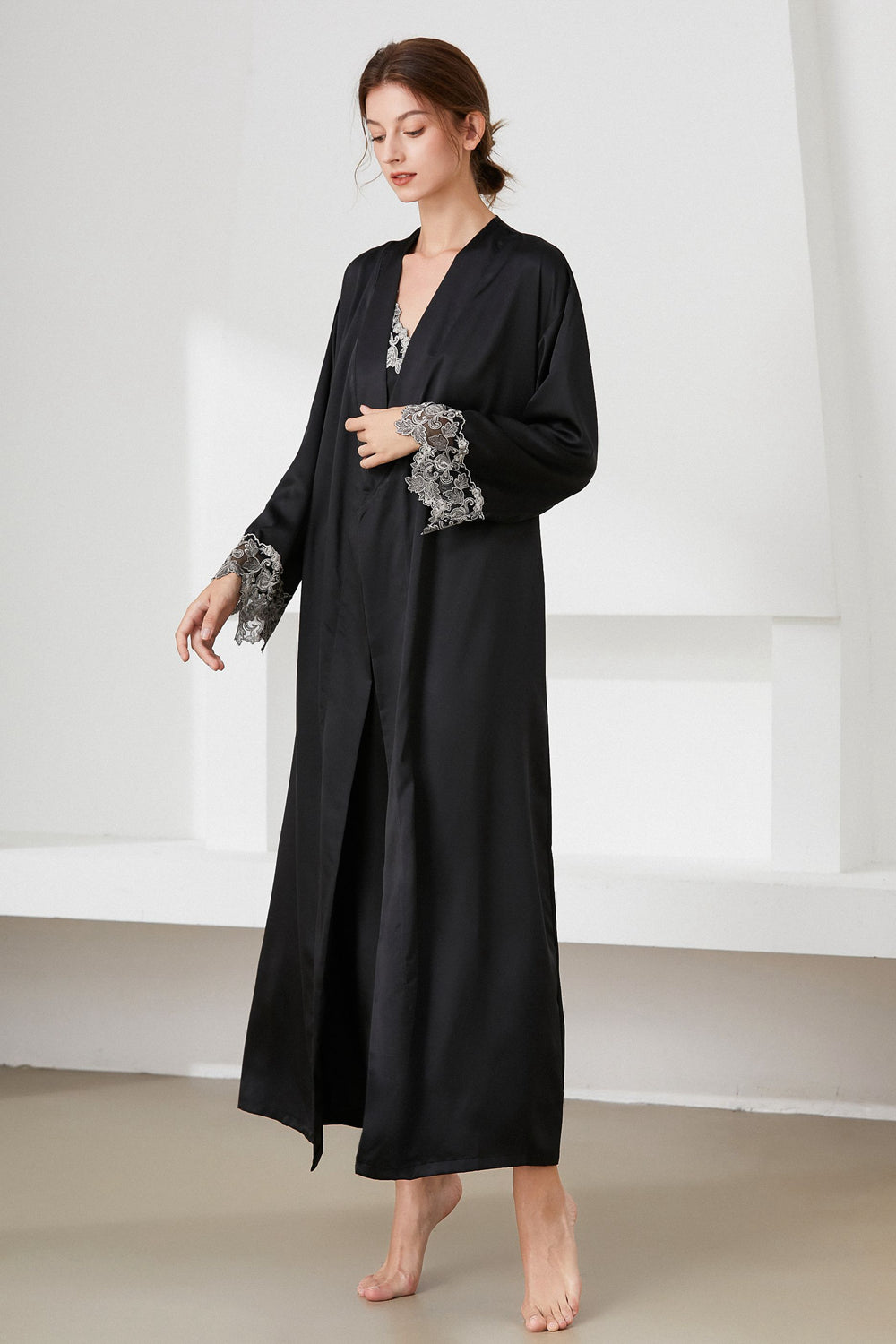 Contrast Lace Trim Satin Night Dress and Robe Set - GlamZation