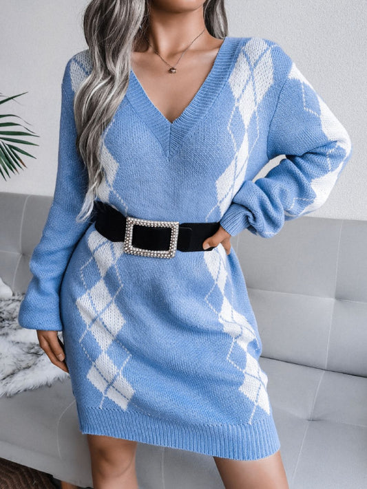 Argyle V-Neck Ribbed Trim Sweater Dress - GlamZation