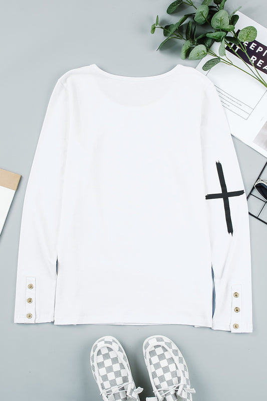 Graphic Button-Cuff Long Sleeve T-Shirt