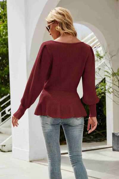 (No)Ribbed Round Neck Lantern Sleeve Sweater