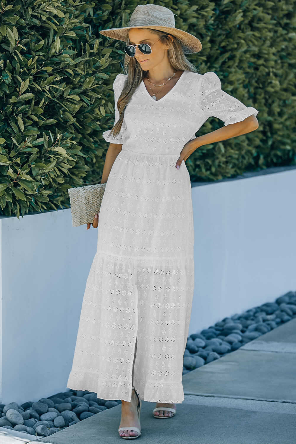 Eyelet Front Slit Puff Sleeve Maxi Dress - GlamZation