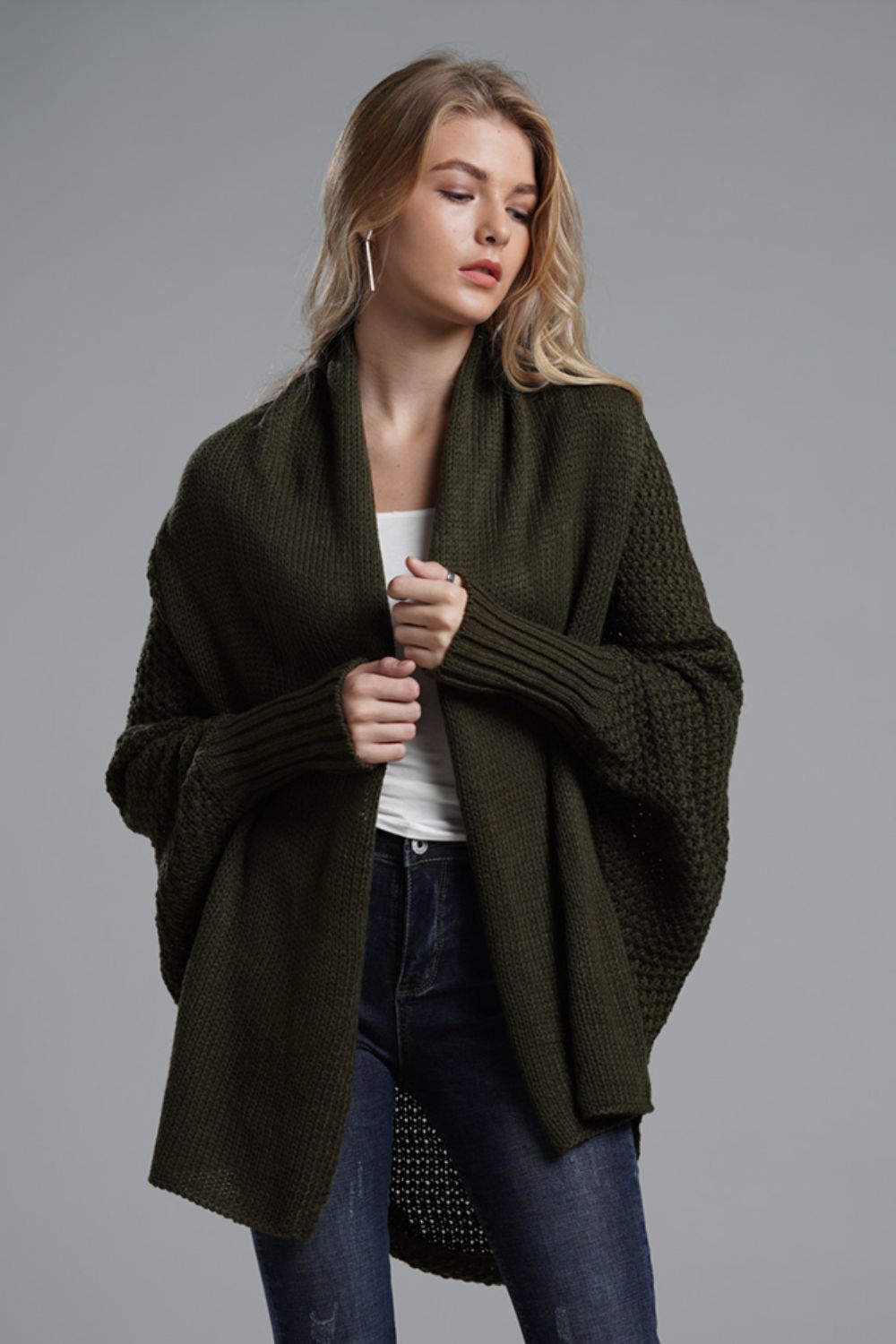 Dolman Sleeve Open Front Ribbed Trim Longline Cardigan - GlamZation