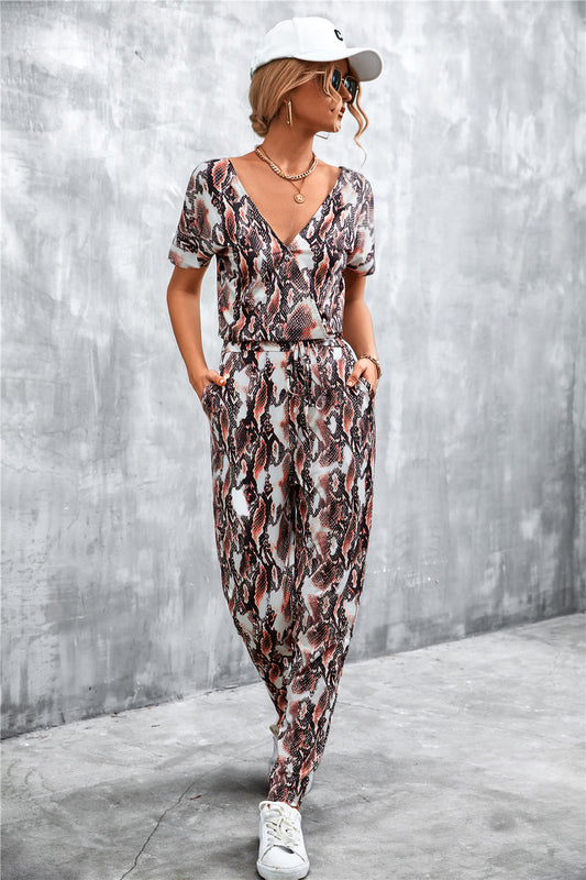 Animal Print V-Neck Jumpsuit with Pockets - GlamZation