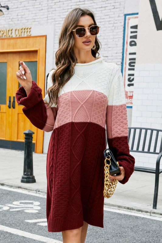 Color Block Mixed Knit Crewneck Sweater Dress - GlamZation