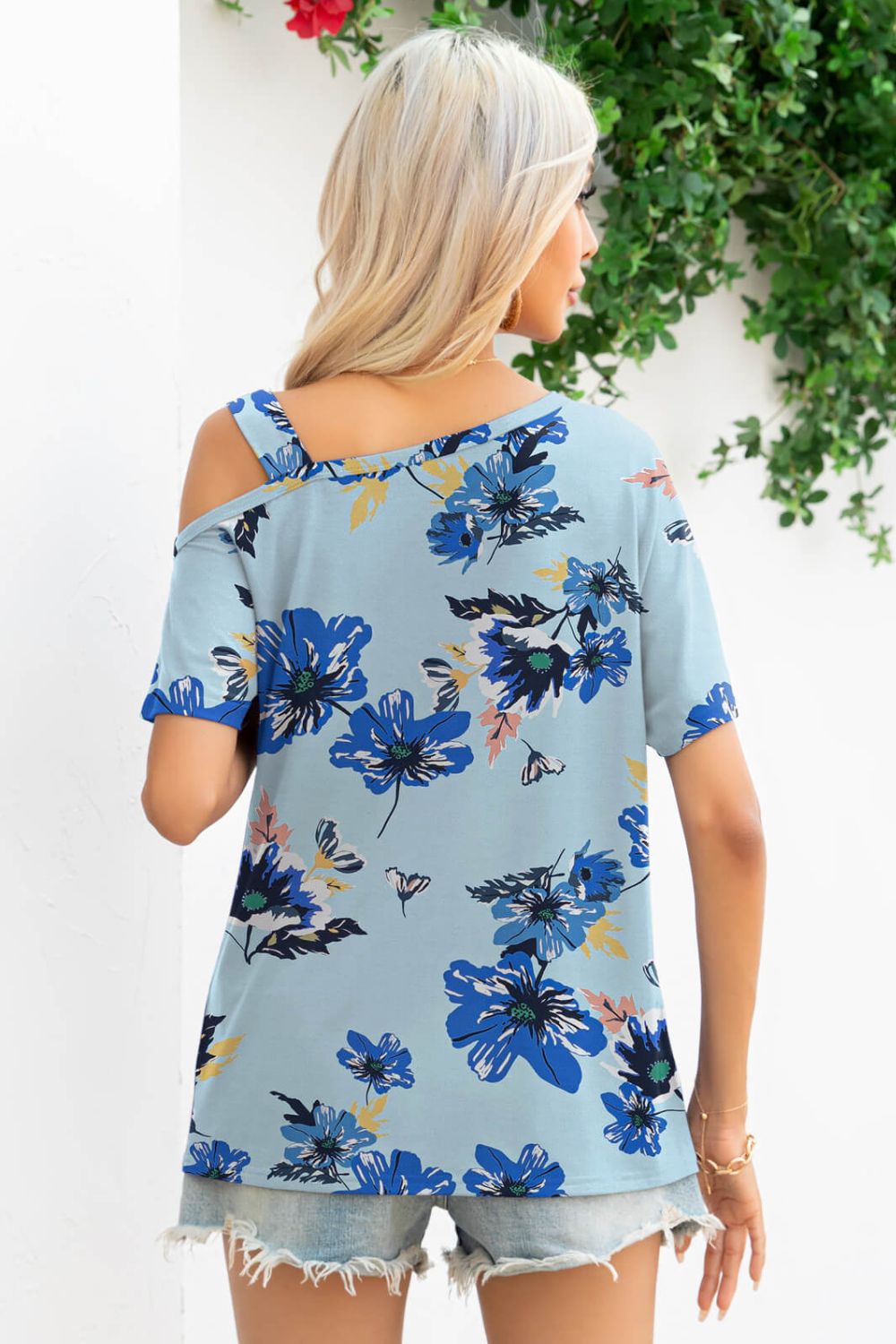 Printed Asymmetrical Neck Short Sleeve T-Shirt
