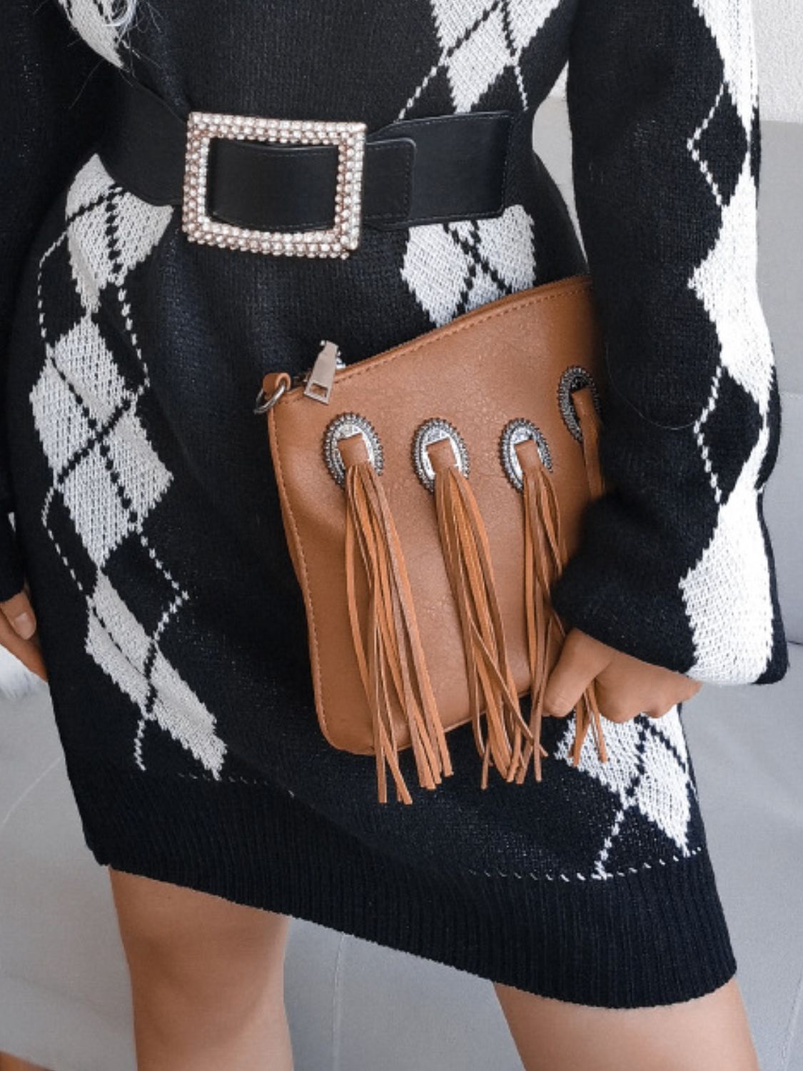 Argyle V-Neck Ribbed Trim Sweater Dress - GlamZation