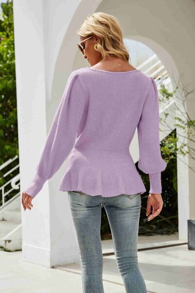 (No)Ribbed Round Neck Lantern Sleeve Sweater