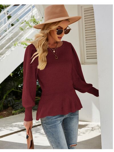 (No)Ribbed Round Neck Lantern Sleeve Sweater