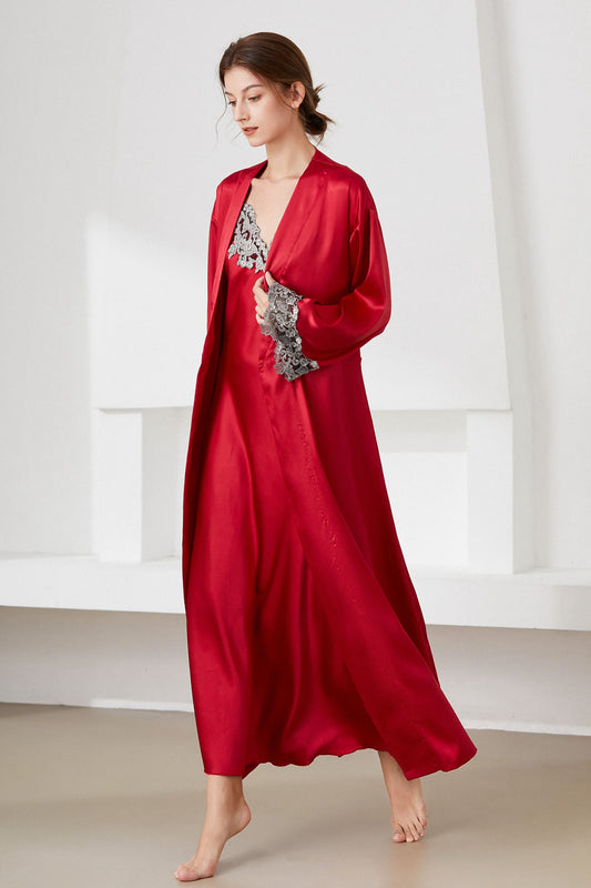 Contrast Lace Trim Satin Night Dress and Robe Set - GlamZation