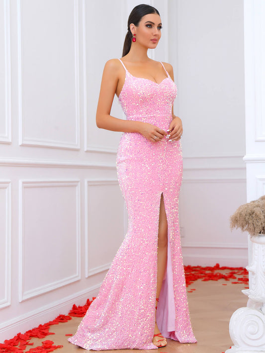 Sequin Spaghetti Strap Split Train Dress
