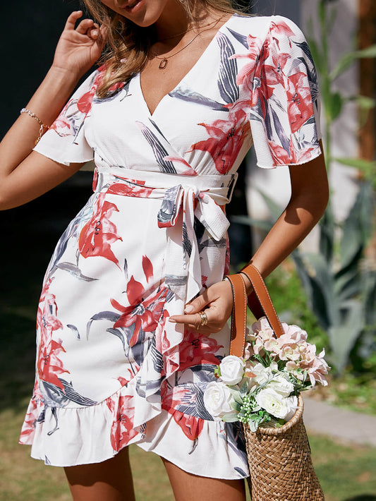 Floral Belted Ruffle Hem Surplice Wrap Dress - GlamZation
