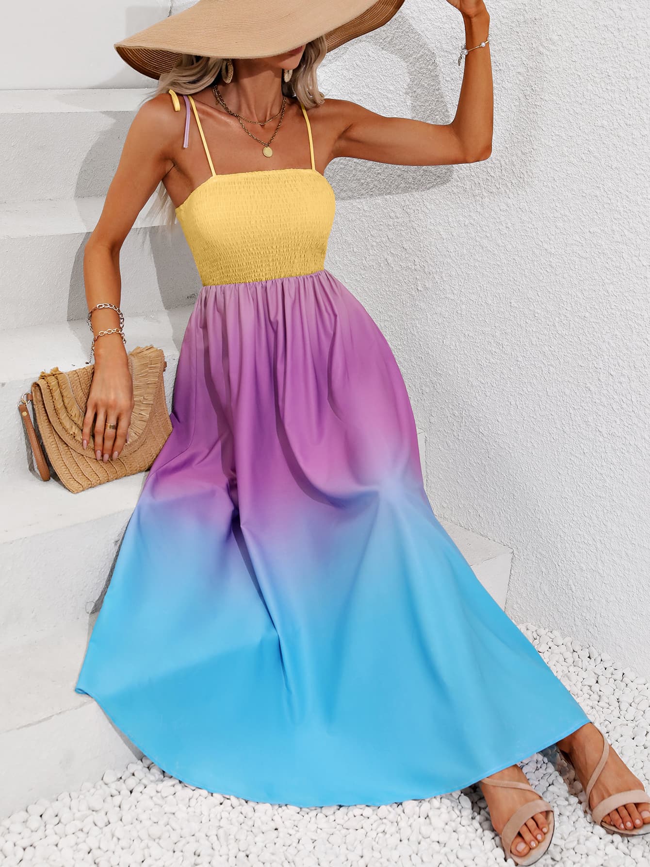 Color Block Tie Shoulder Smocked Maxi Dress - GlamZation