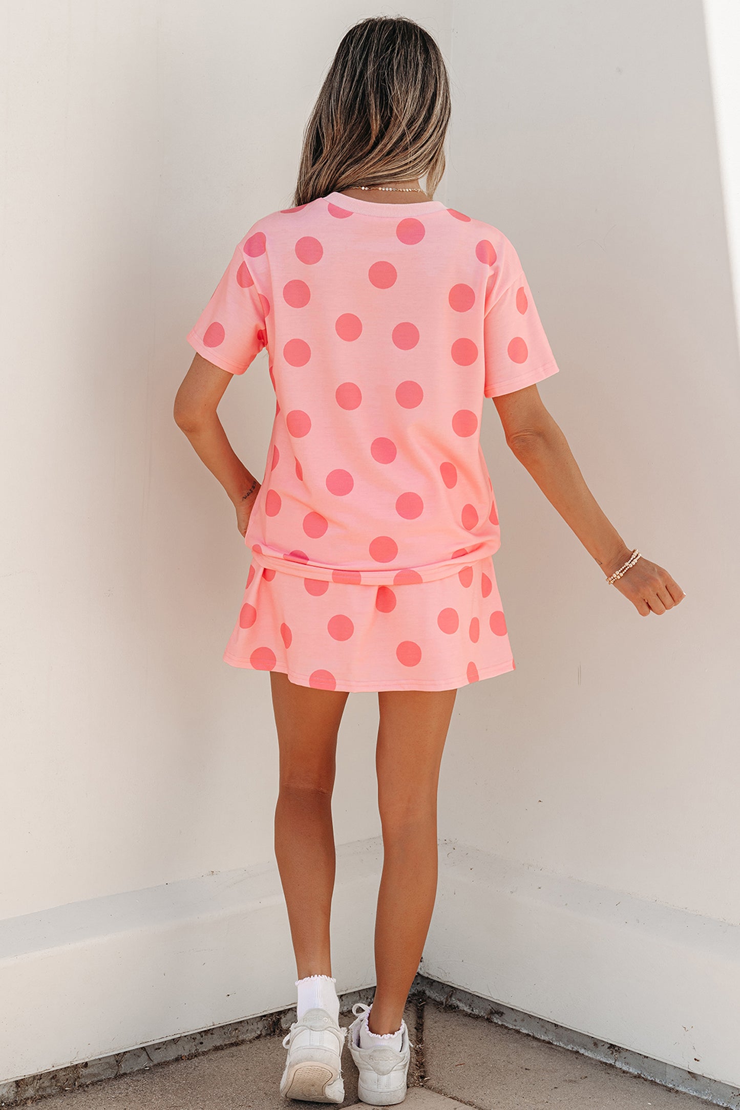 Sky Blue Polka Dot Short Sleeve Top Casual Skort 2pcs Outfit