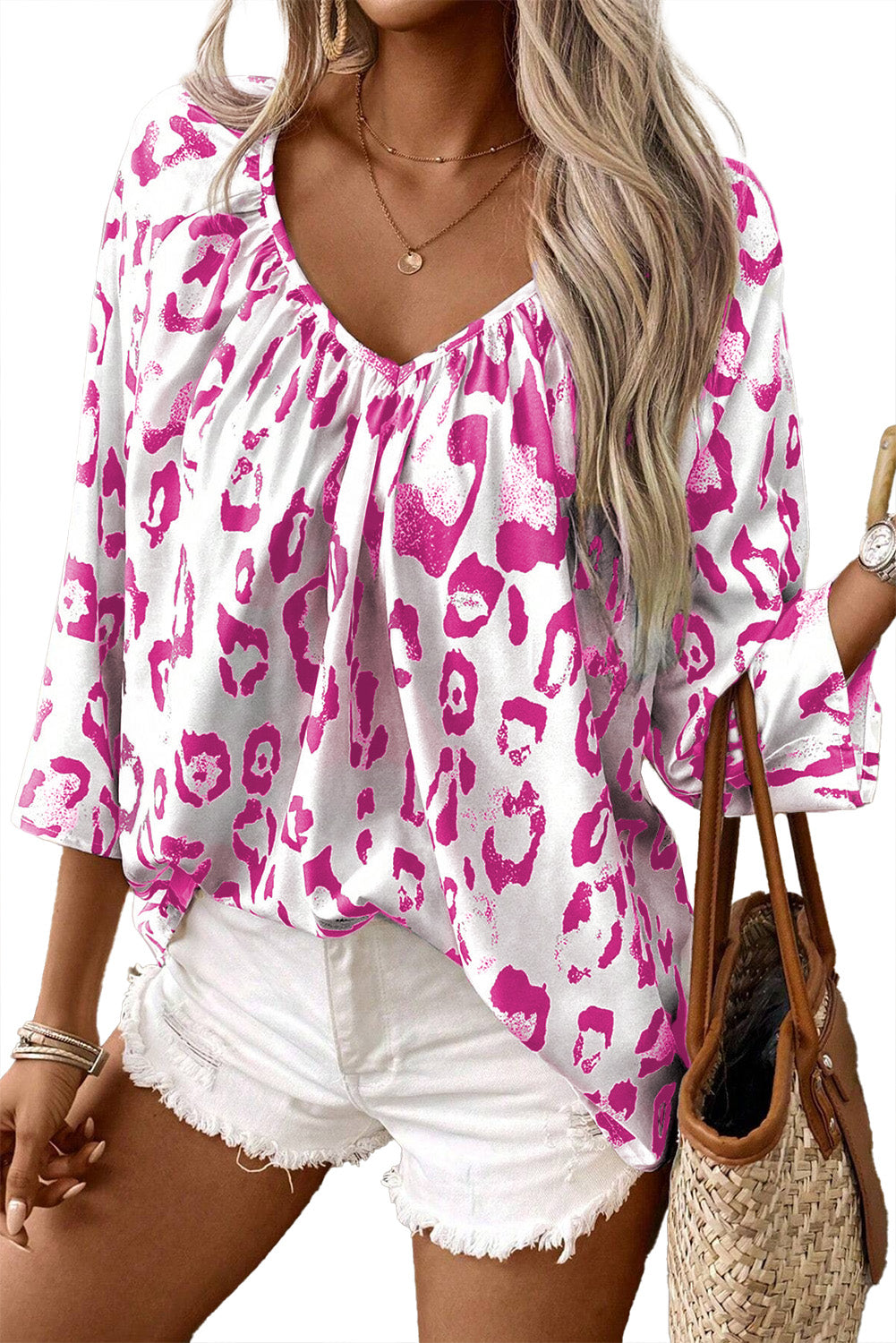 Black Leopard Print Ruched V Neck 3/4 Sleeve Blouse