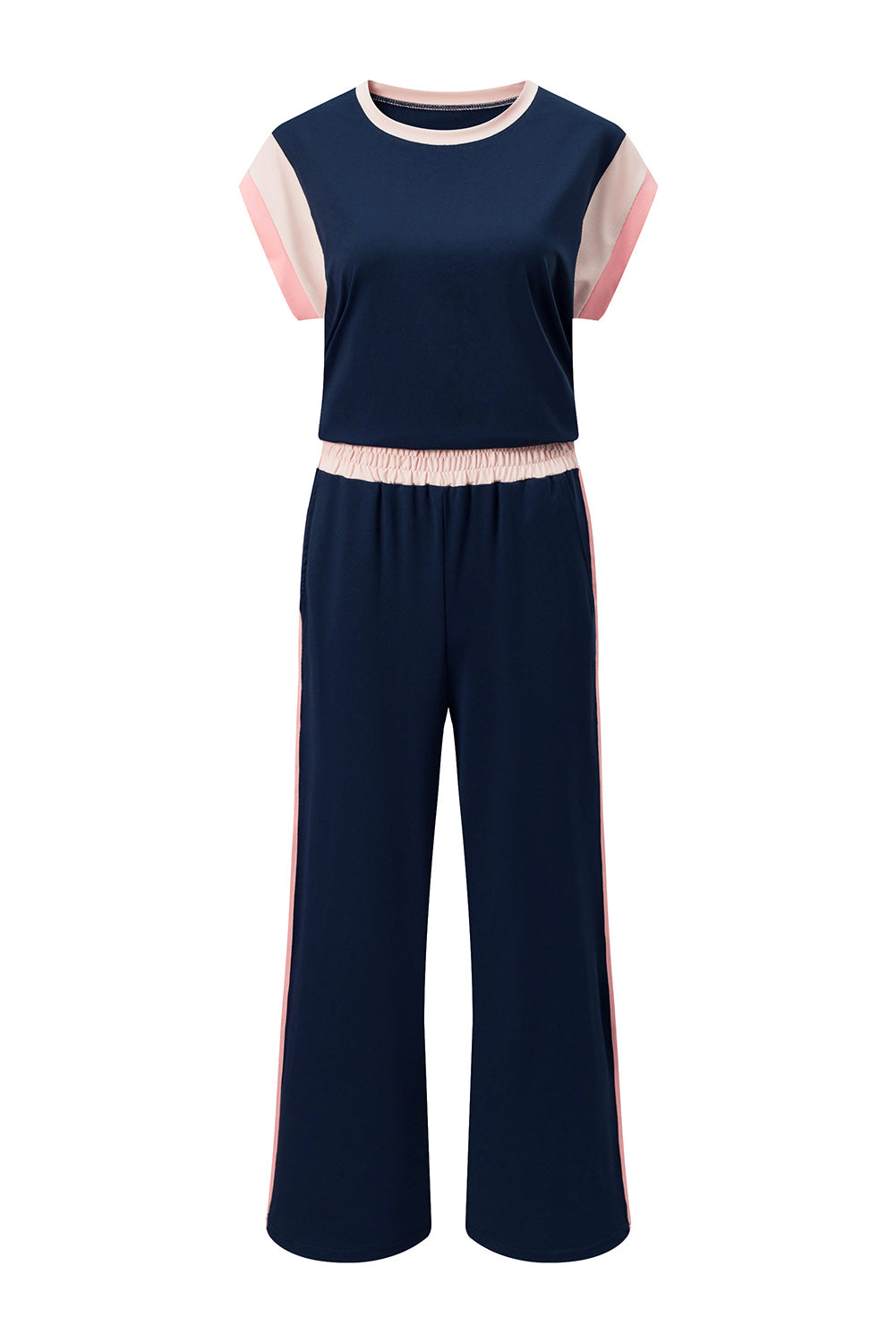 Strawberry Pink Color Block Detail Casual Two-piece Set
