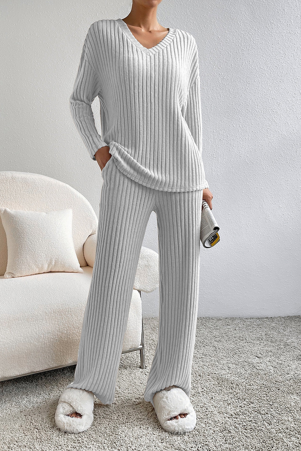 Light Grey Ribbed Knit V Neck Slouchy Two-piece Outfit