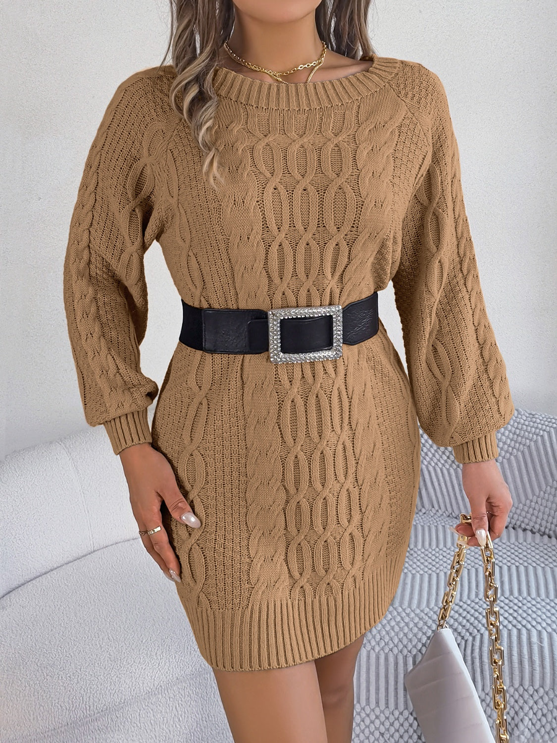 Cable-Knit Round Neck Sweater Dress