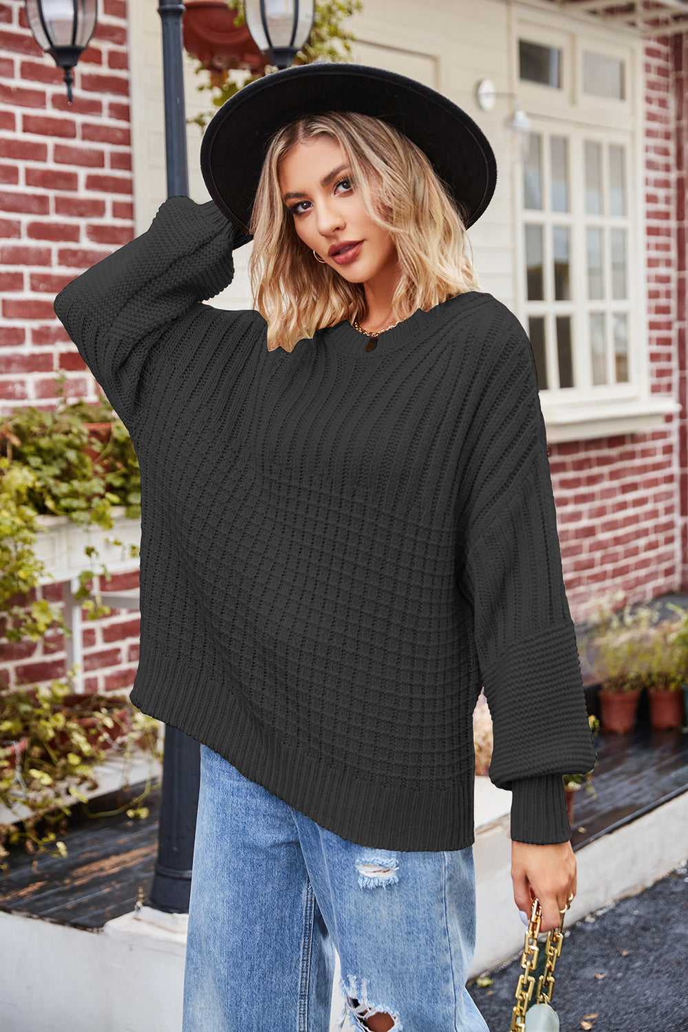 Ribbed Drop Shoulder Lantern Sleeve Sweater