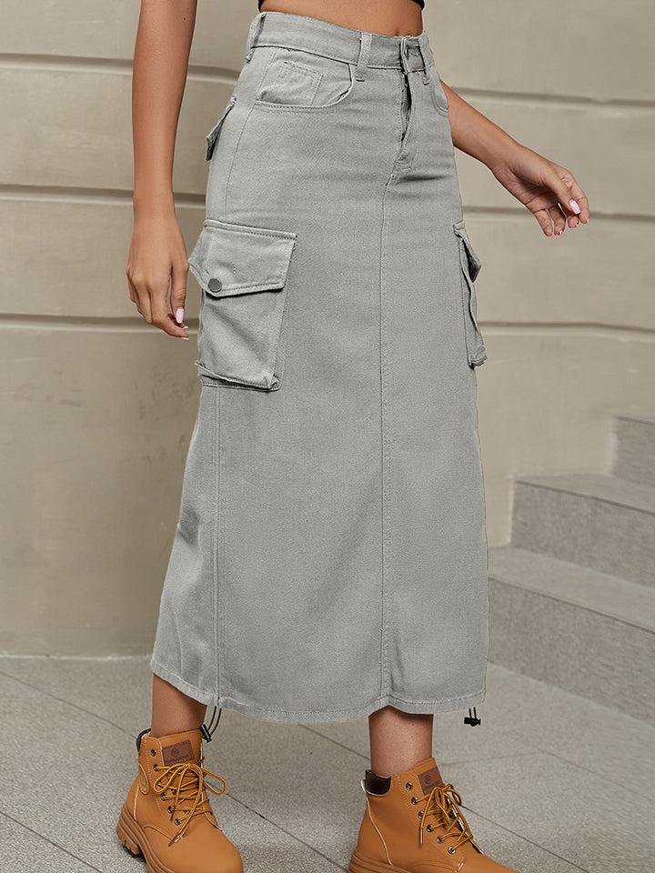 Drawstring Denim Skirt with Pockets