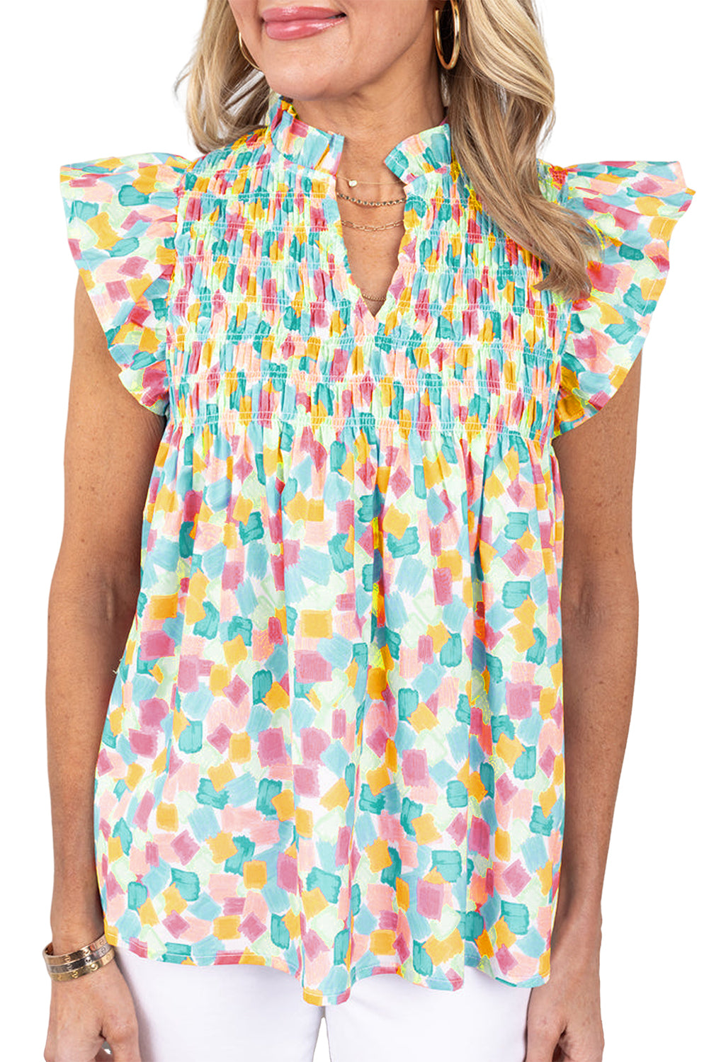 Sky Blue Shirred Yoke Ruffled Abstract Printed Blouse